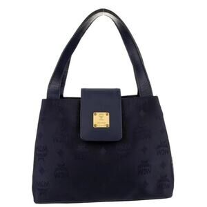 MCM Navy Blue Signature Jacquard and Leather Gold Hardware Satchel (MCXX161)